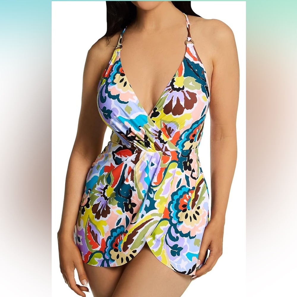NWT Anne Cole Multicolor Anne Surplice Maillot Swim Dress, size 14 runs small - Picture 2 of 8